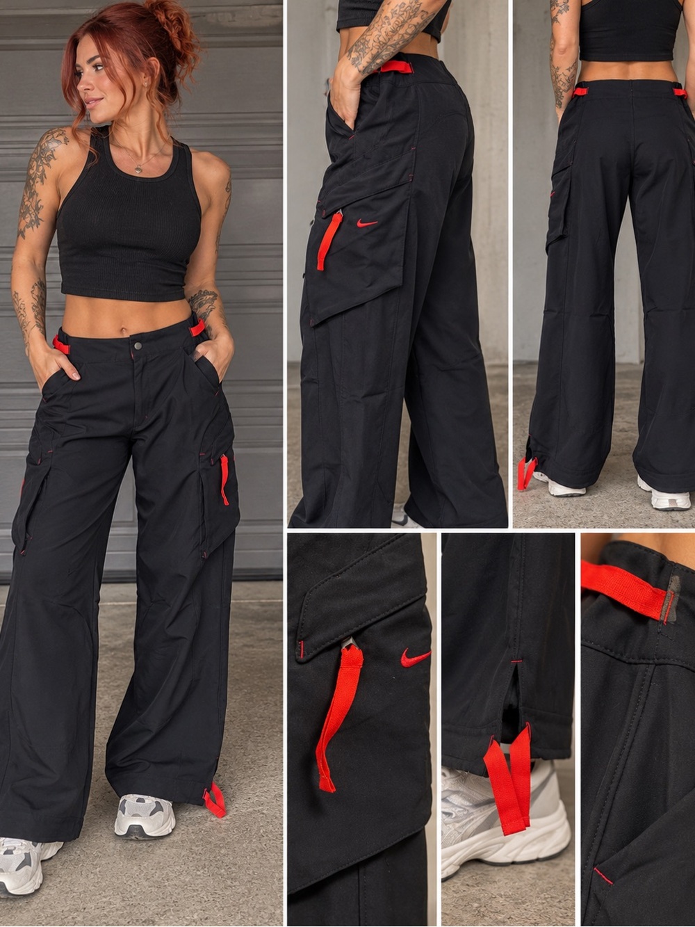 Nike Dri-FIT Black Red Utility Cargo Wide Leg Pants Size 6 Y2K Techwear